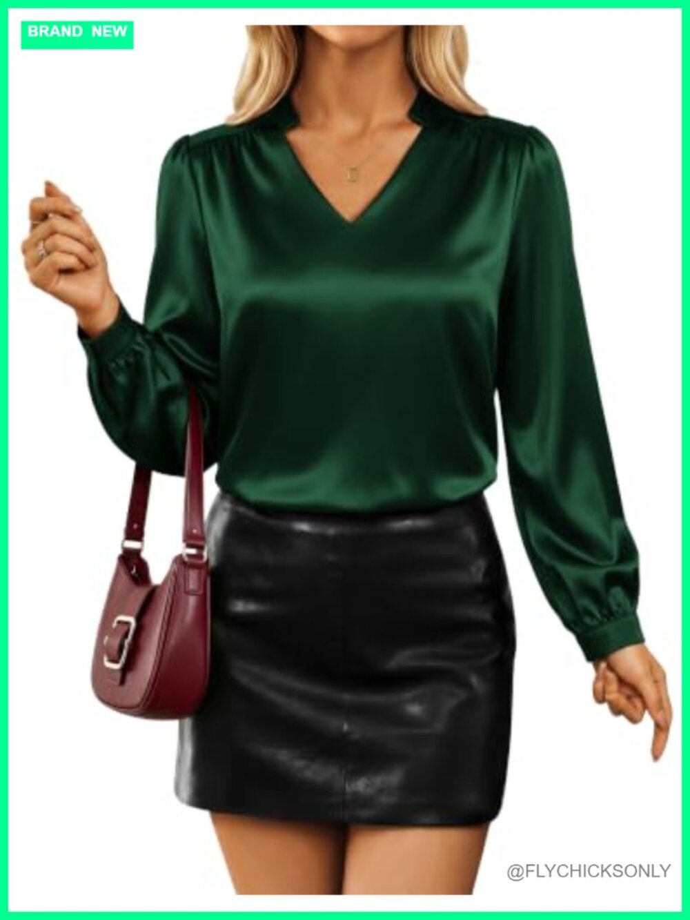 Satin Long Sleeve V-Neck Blouse Lantern Sleeve Business Casual Work Top